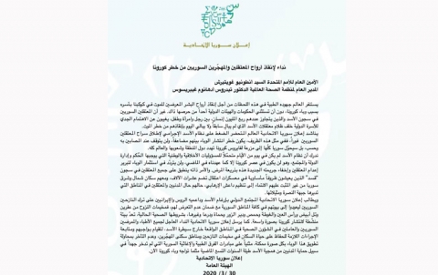 نداء لإنقاذ أرواح المعتقلين والمهجّرين السوريين من خطر كورونا